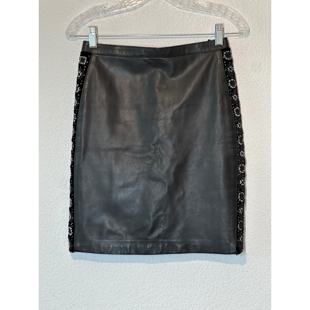 The Kooples Womens Black Lambskin Leather Velvet Bead Trim Mini Skirt 34 FJ1300